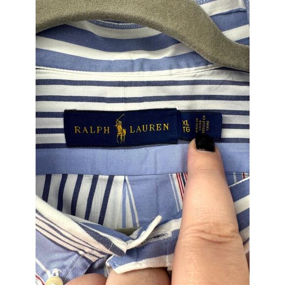 Ralph Lauren Shirt Men's‎ XL White Blue Striped Cotton Short Sleeve Button-Down - Picture 5 of 7